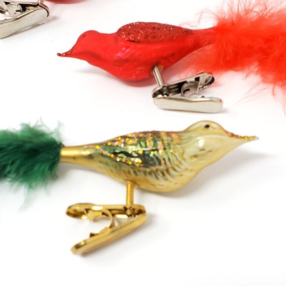 Vintage Red Bird Glass Christmas Tree Clip On Ornaments w/Real Feather Tail X3 - Picture 3 of 6